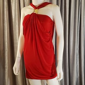 bebe Red Draped Mini Dress with Gold Neckpiece